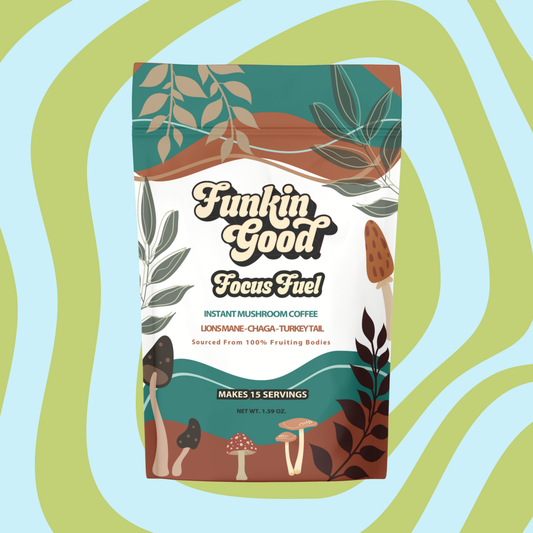 Funkin Good Focus Fuel Mushroom Coffee packaging — lion's mane, chaga, and turkey tail mushroom blend