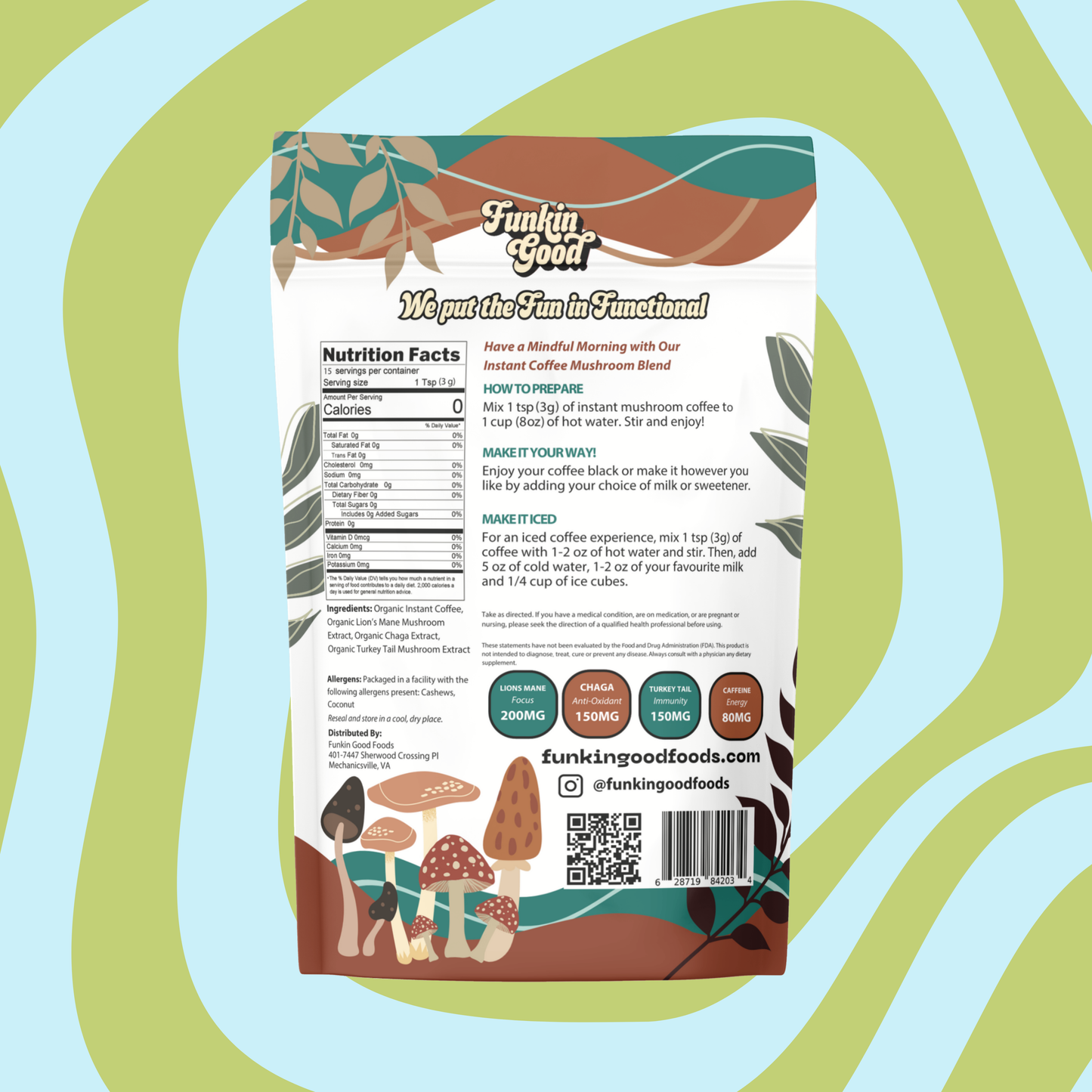 Funkin Good Focus Fuel Mushroom Coffee mixed with hot water — smooth and frothy