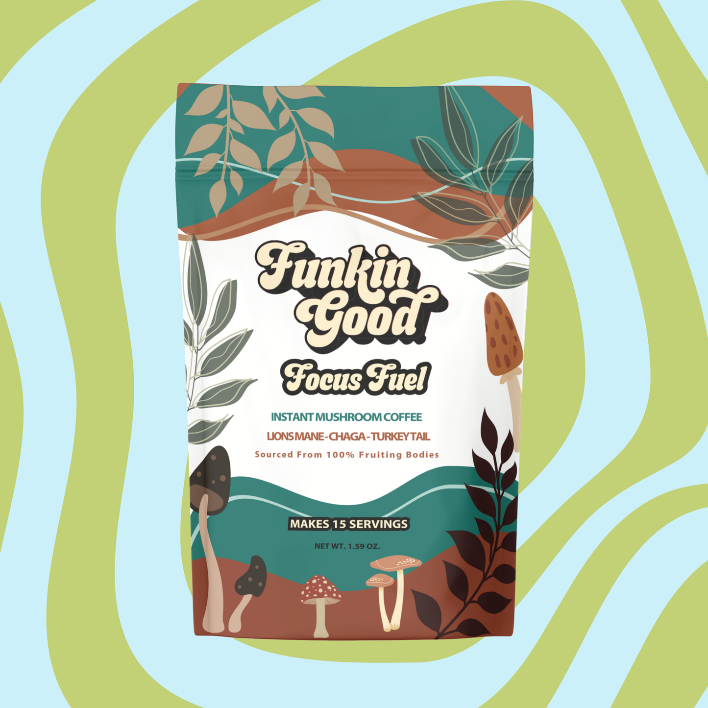 Funkin Good Focus Fuel Mushroom Coffee packaging — lion's mane, chaga, and turkey tail mushroom blend