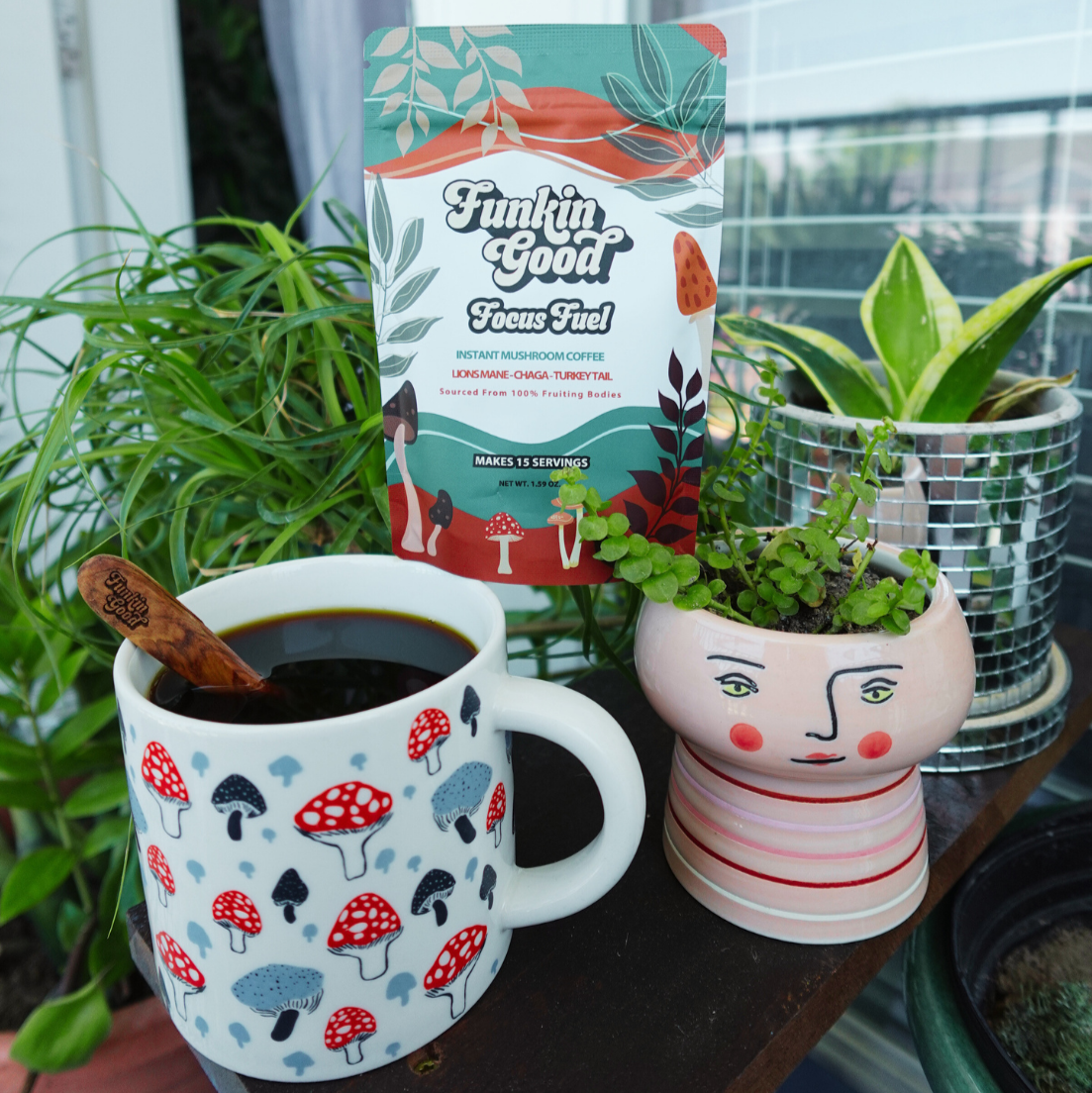 Funkin Good Focus Fuel functional mushroom coffee ingredients — all-natural adaptogens